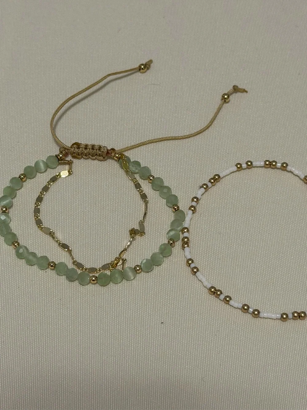 Green Beaded, Gold, and Silver Women's Bracelets (3 Sets and 1 Single Chunky)